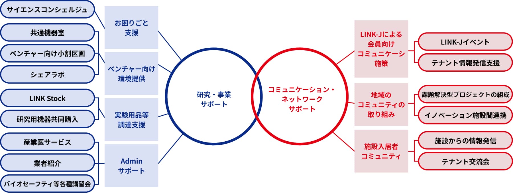 「研究・事業サポート」と「コミュニケーション・ネットワークサポート」の2つを軸に、幅広い解決施策を提供